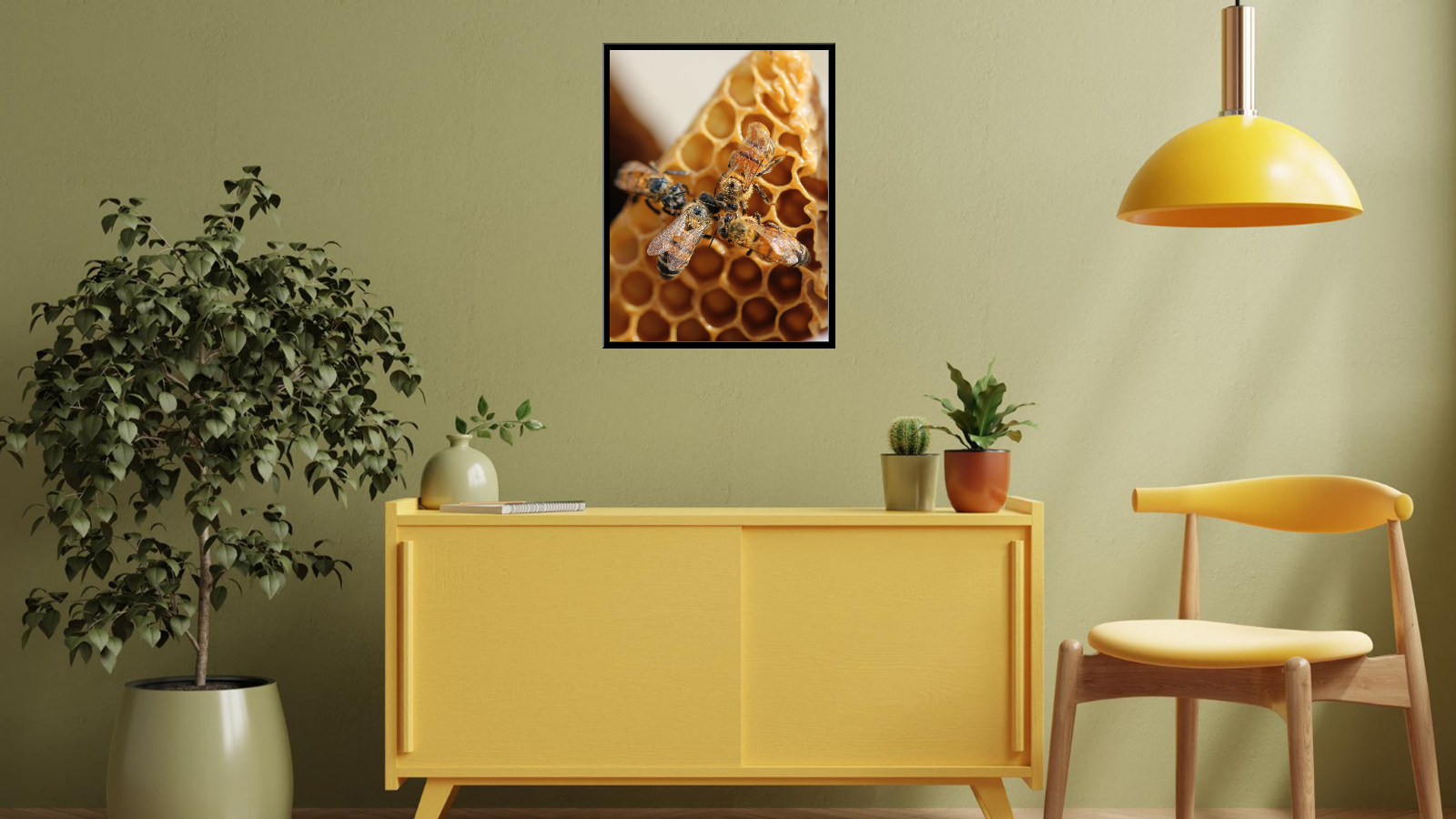 Four honey bees on a honeycomb