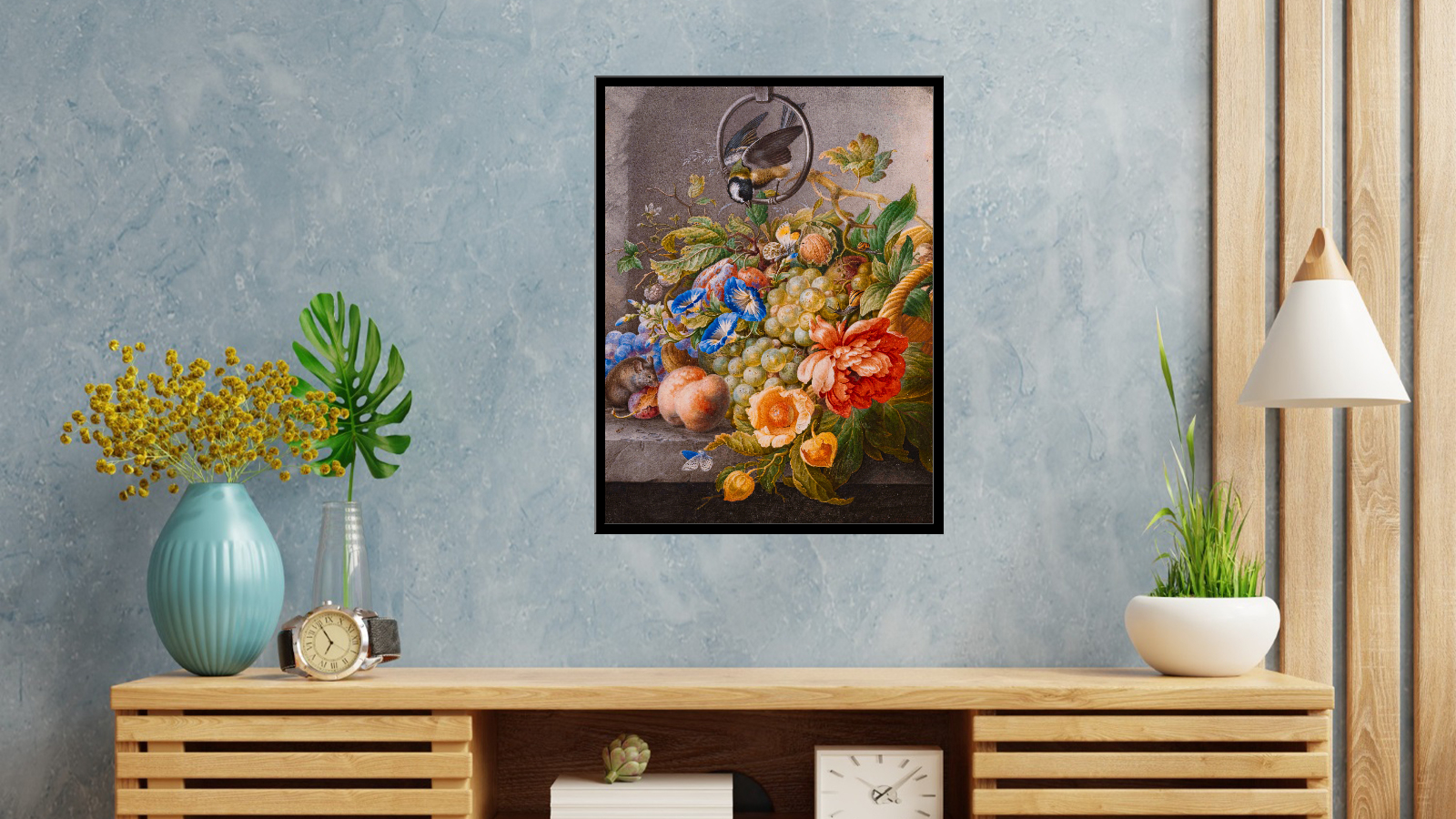 Still Life with Flowers, Fruit, Great Tit and a Mouse - Herman Henstenburgh
