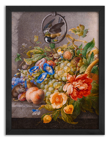 Martwa natura z kwiatami, owocami, sikorką i myszką - Herman Henstenburgh